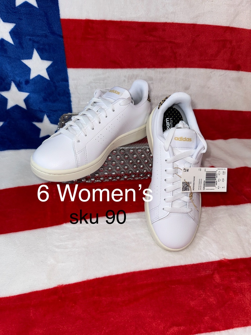 Adidas Women 6 Advantage White Sneaker w/ Gold Accents & animal print heel tab